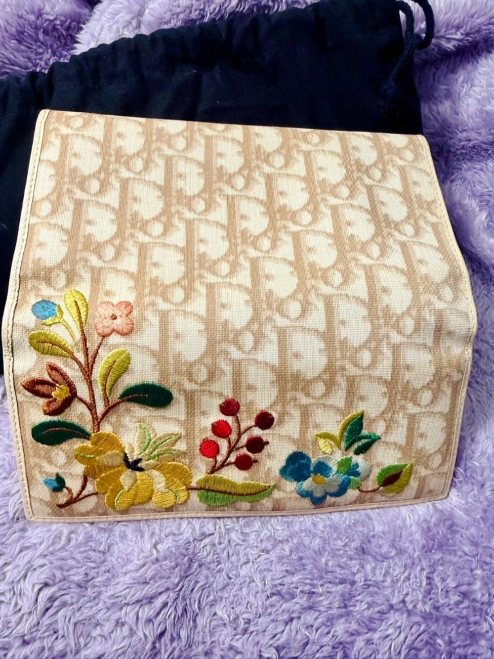 Dior Beige Canvas Wallet with Multicolor Floral Embroidery